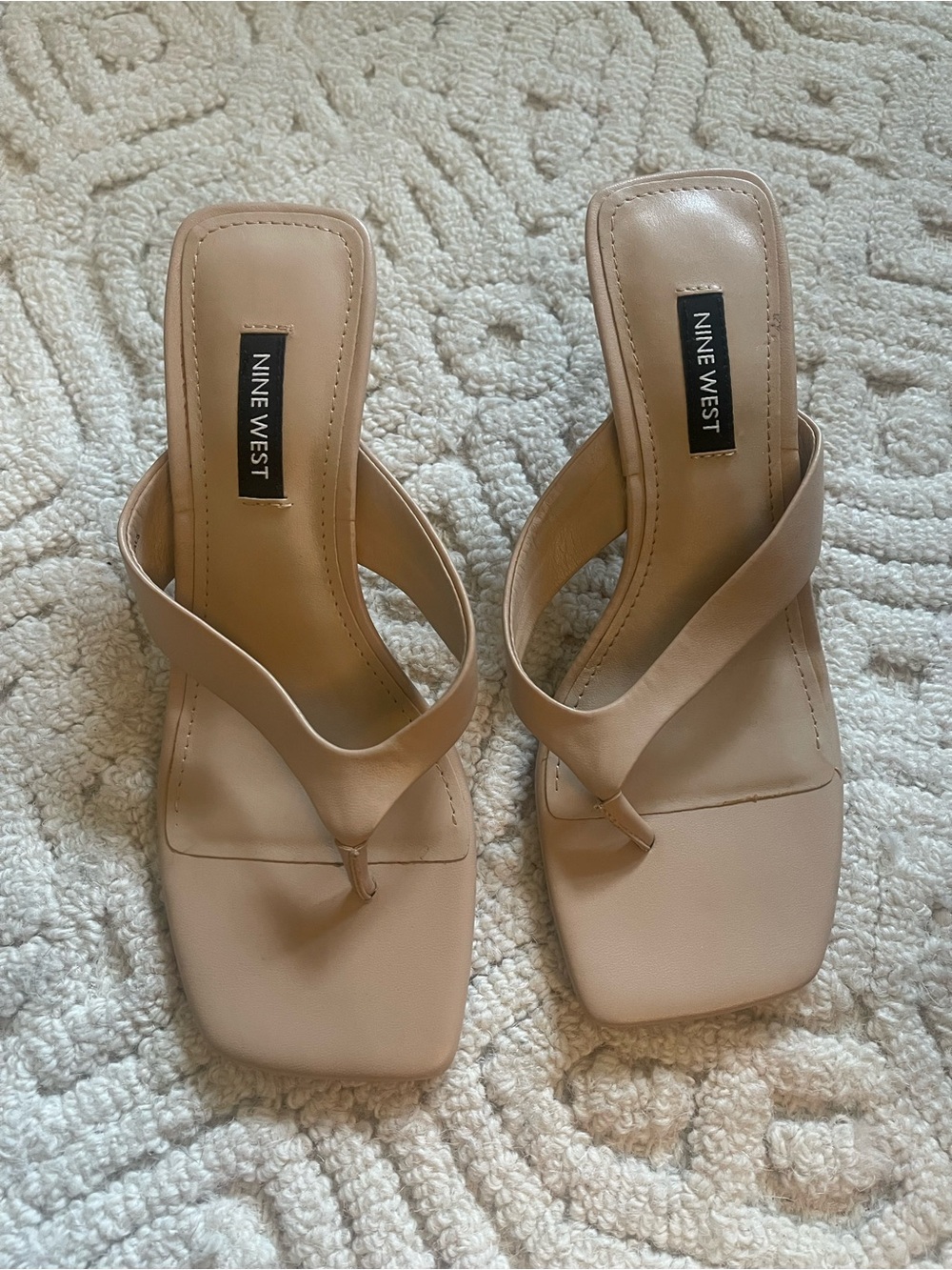 Nine West Nude Square-Toe Thong Heels